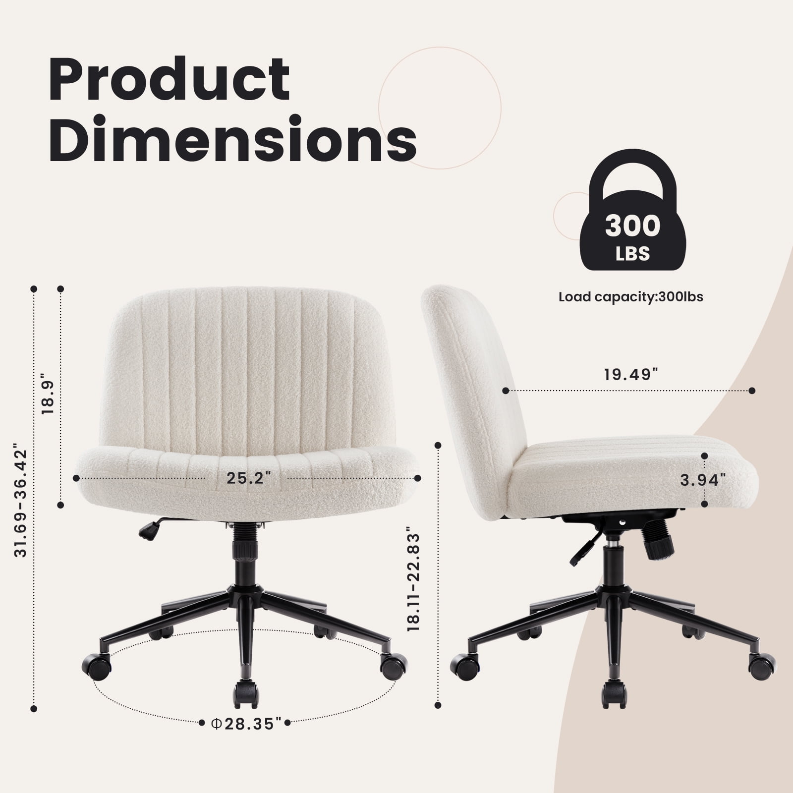 White Criss Cross Chair with Wheels, Armless Wide Seat Office Chair, Teddy Fabric,Cross Legged Desk Chair,Height Adjustable Computer Task Chair,Swivel Vanity Chair for Bedroom,Make Up,Small Space