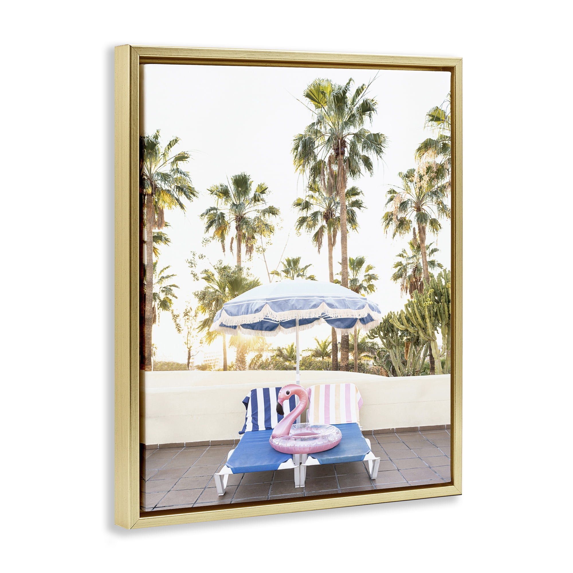 Stupell Industries Poolside Flamingo Float Landscape & Nature Photography Gold Floater Framed Canvas Art Print Wall Art, 17 x 21
