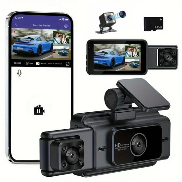 EGNMCR Vehicle Camera Three Recordingl Dash Cam Front Inside Rear 1080P Driving Recorder For Cars IR Night Vision Car Camera APP WiFi Control Gravity Induction With 64G Card Dash cam