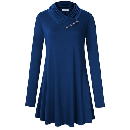 Silk Cowl Neck - Missky Women's Long Sleeve Cowl Neck Pleated Casual Flared Tunic Top Blouse Color:Deep Blue Size:S