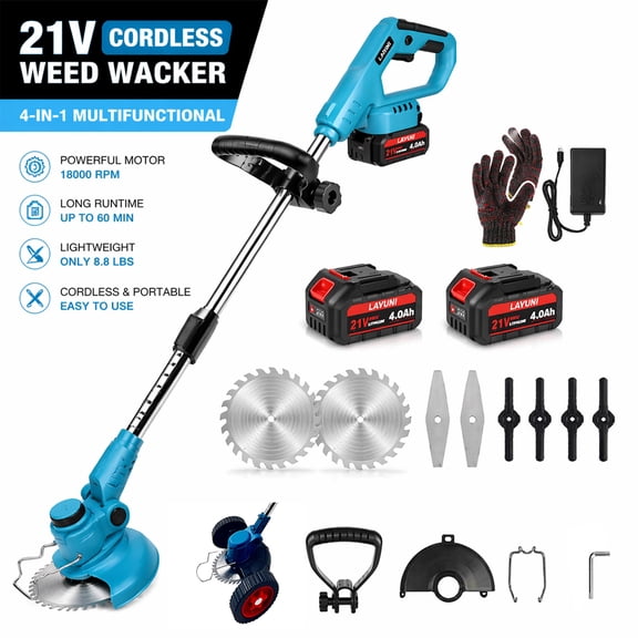 SUSUZI 21V Cordless Weed Wacker, Extendable String Trimmer with Dual Batteries, Weed Eater Brush Cutter with Wheels and 3 Blades for Lawn Weed Trimming and Garden Care
