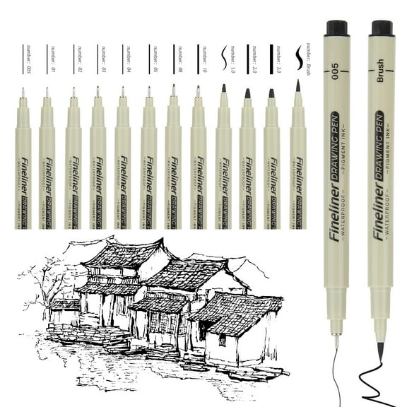 Micro Fineliner Drawing Art Pens, 12 Black Fine Line Waterproof Ink Set Artist Supplies Archival Inking Markers Liner Sketch Outline Anime Gifts