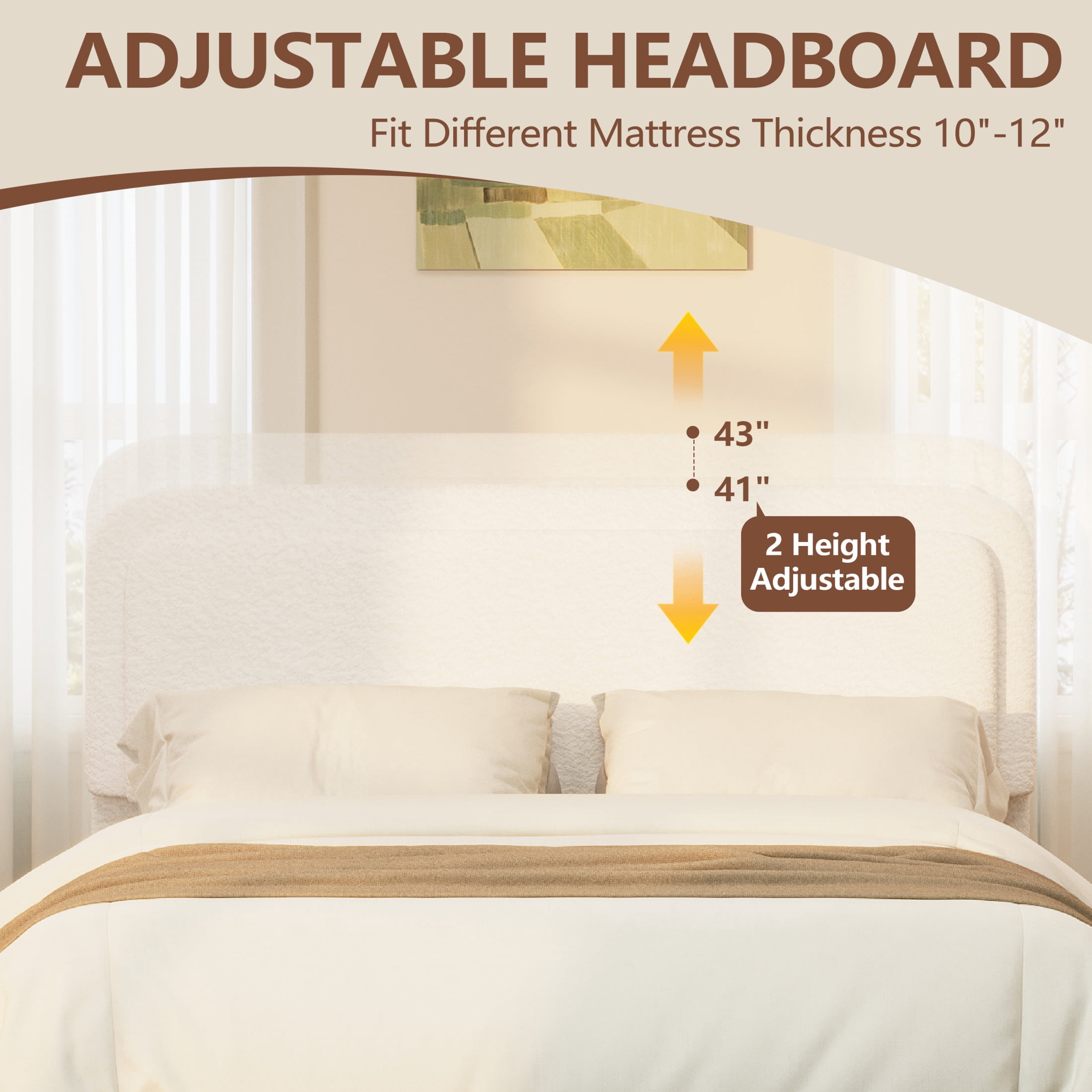 Noble House Queen Boucle Platform Bed with Adjustable Headboard, Low Profile, White