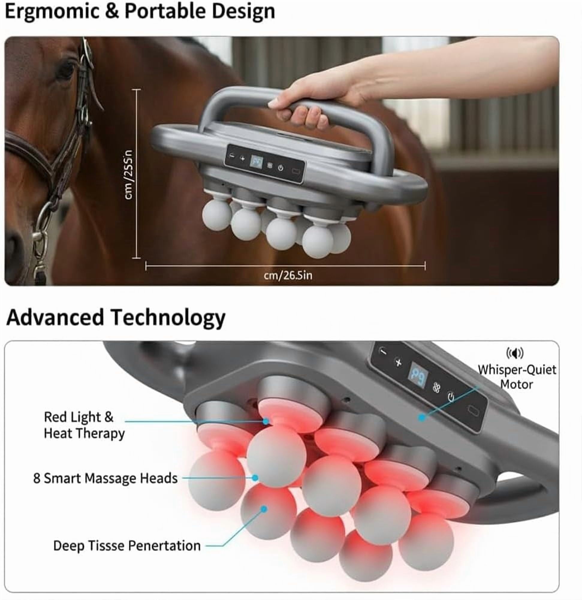 Equirelief 8 Heads Horse Massage Gun, 2025 Upgraded Equine Percussion Massager with 30 Intensity Levels and 3 Modes, Ultra-Quiet Deep-Kneading Massager for Equine Wellness(8 Heads)