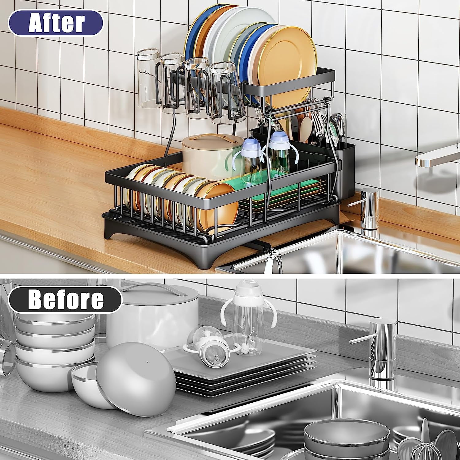 Runbaixing 2 Tier Large Dish Drying Rack and Drainboard with Utensil Holder and Cup Rack for Apartment Kitchen Counter, Black