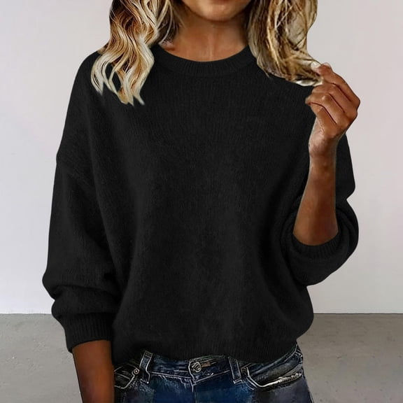 NTACZA Crewneck Oversized Sweater Women Black Pullover Loose Fitting Sweaters Basic Solid Knit Shirt Ladies Jumper L