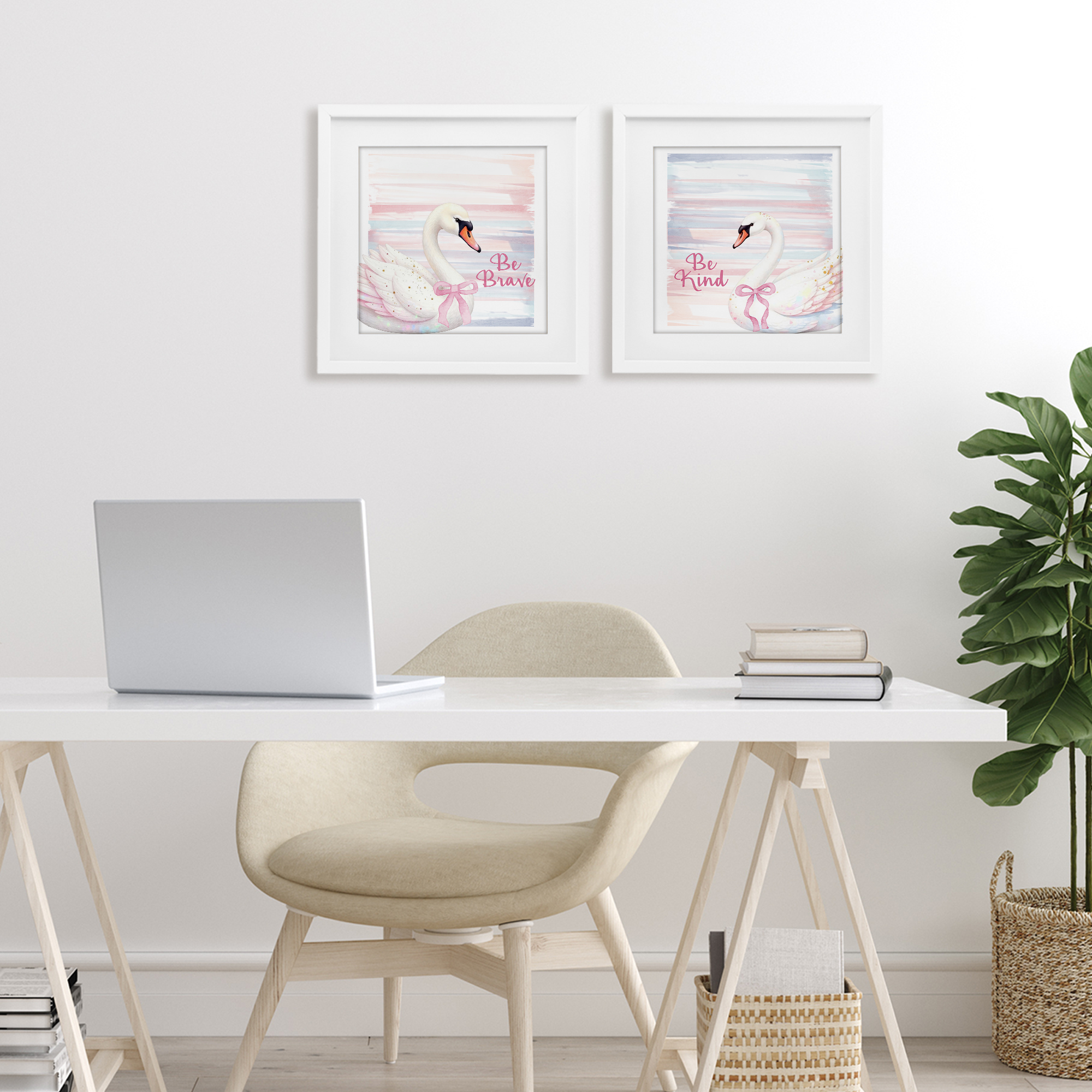 Be Brave & Kind Pastel Swan 2 Piece White Framed Print Under Glass Set, design by Kim Allen