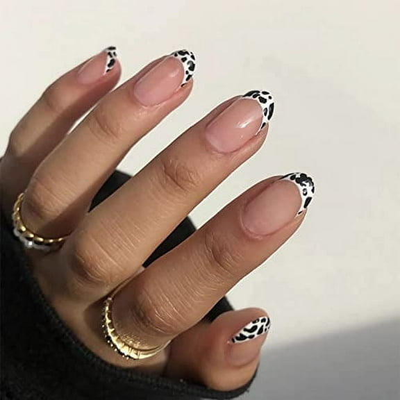 HNAPA Round Press on Nails Short Fake Nails Cow Print French Tip Glue on Nails 24Pcs Oval Acrylic Nails for Women and Girls