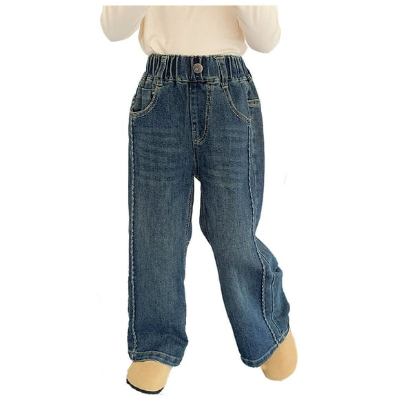 Girls Wide Leg Jeans Casual Spring Denim Pants Baggy Loose Elastic Waist Long Fall Trousers Kids Clothes, Dark Blue, 5 Years