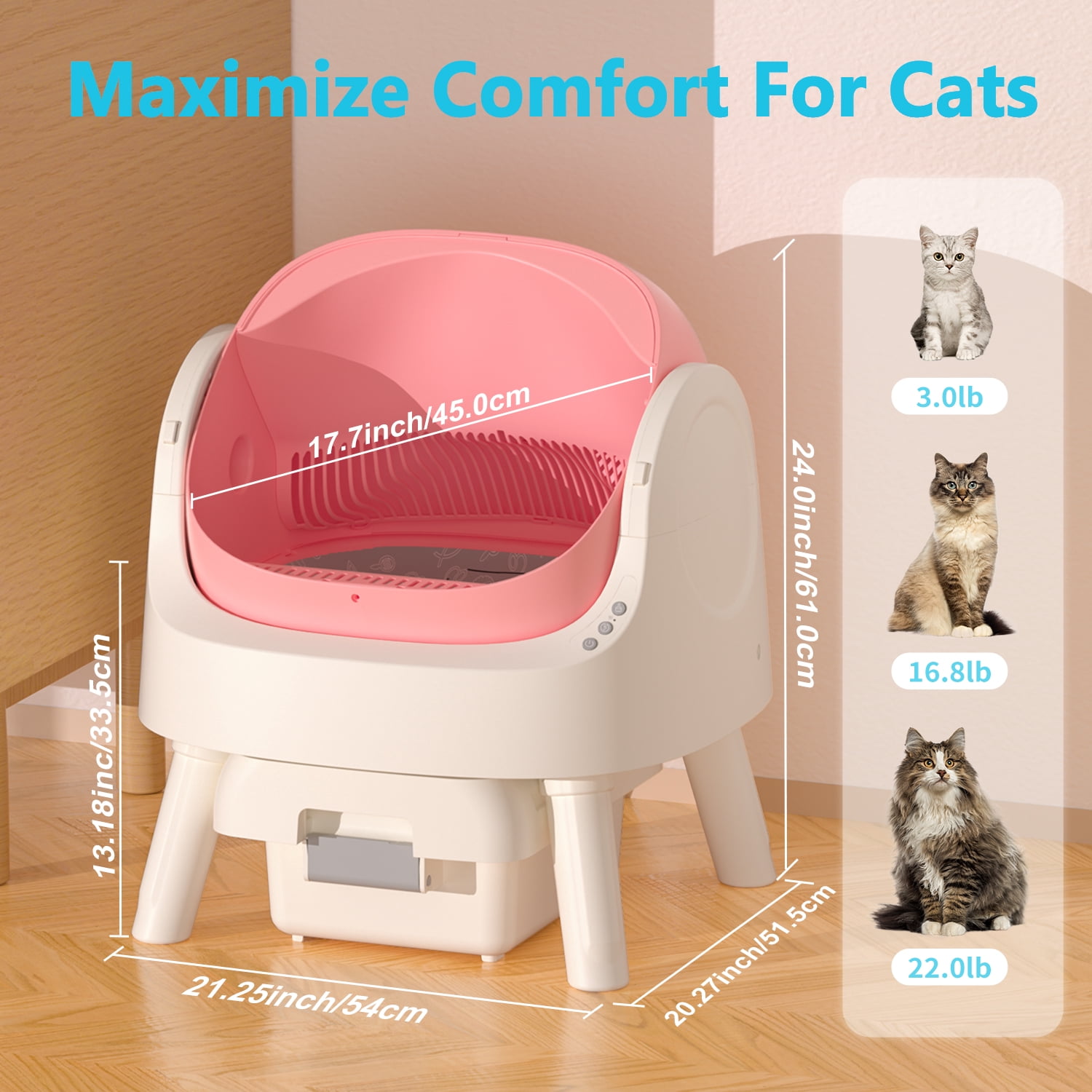 PetPivot Automatic Cat Litter Box Self-Cleaning with Safety Protection, Mat and Trash Bags Included, Pink