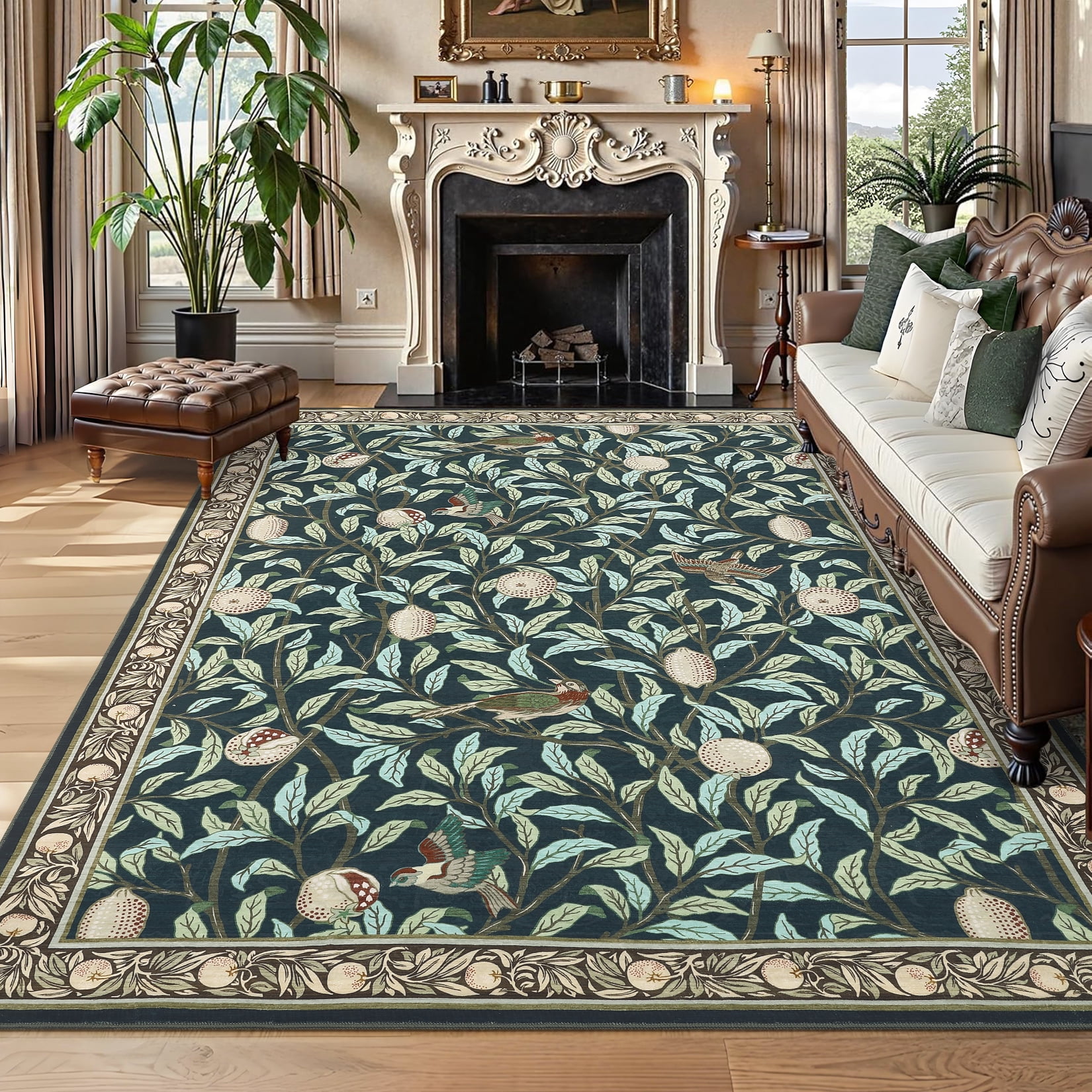 Hasoo Washable Area Rugs 10' x 13' Rug for Living Room Floral Modern Non Slip Throw Indoor Carpet, Dark Blue