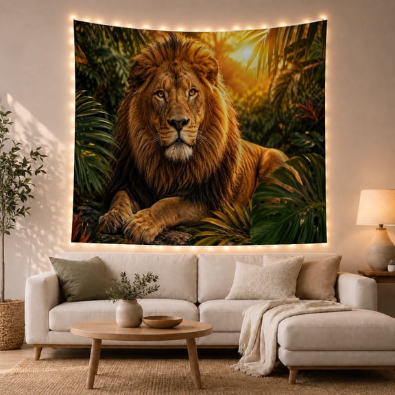 Lion Resting in a Tropical Jungle, Dramatic Rustic Style for Wildlife Lovers, Wildlife Wall Art, Housewarming Gift, Tapestry Wall Hanging for Bedroom and Living Room