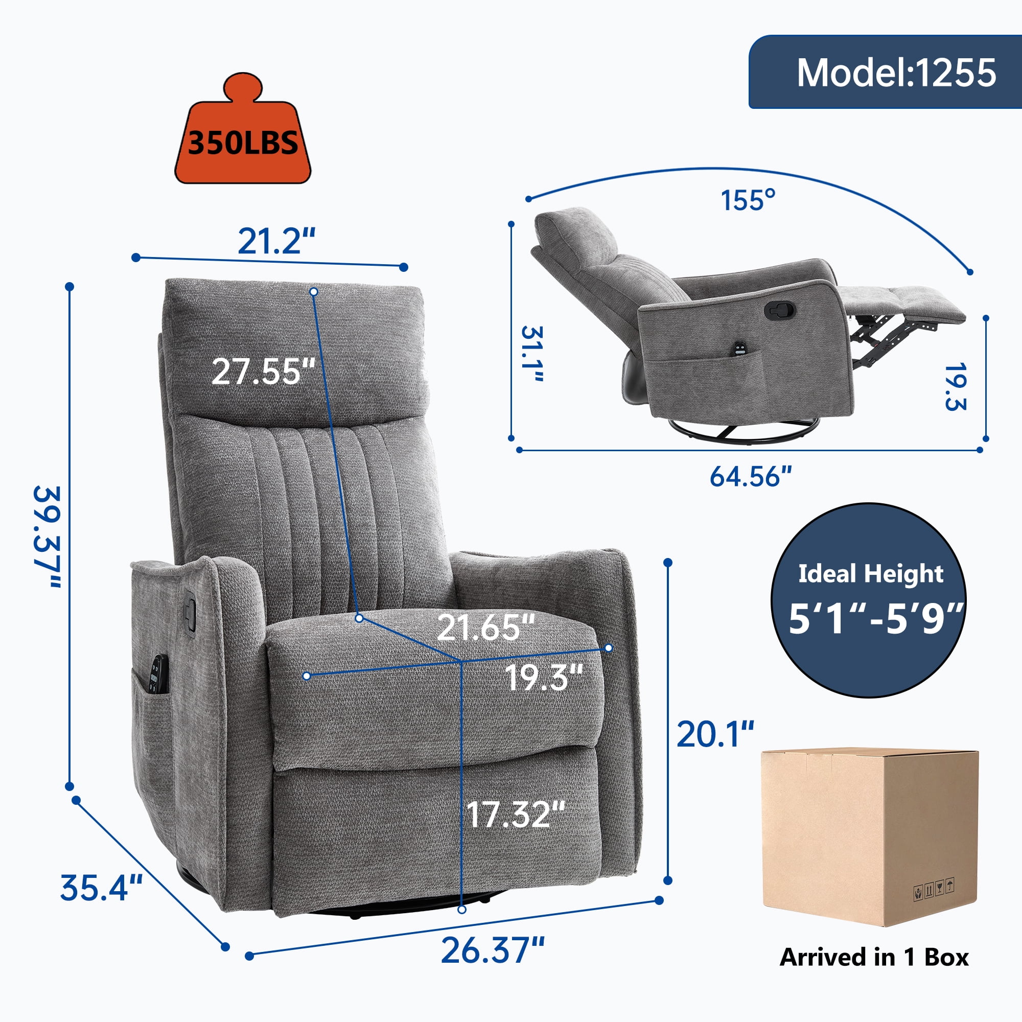 Gewnee 360° Swivel Rocking Recliner with Massage & Heat, Adjustable Reclining Angle, for Living Room & Office，Dark Gray