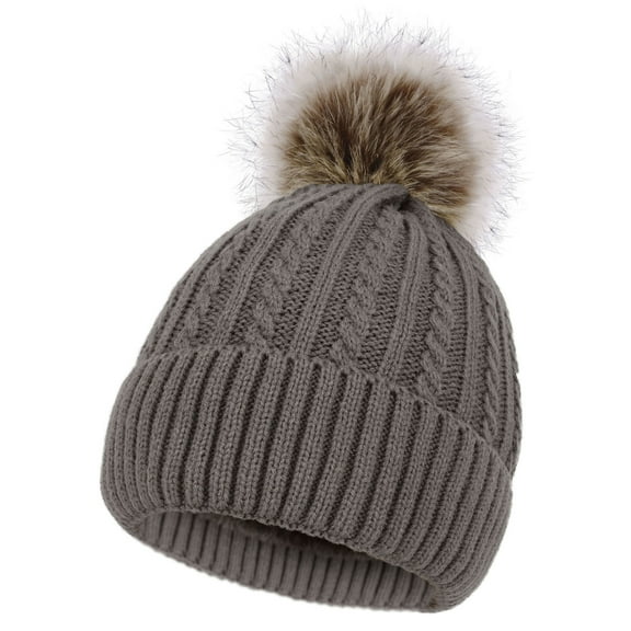 Women Beanies for Winter Women Knit Beanie Ski Hat Faux Fur Pom pom Beanie Hat , Khaki Beanie