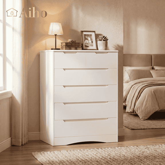 6 Drawer White Dresser for Bedroom, 43.7" Wood Tall Chest of Drawers with Anti-Tripping, Large Storage Cabinet for Living Room Entryway