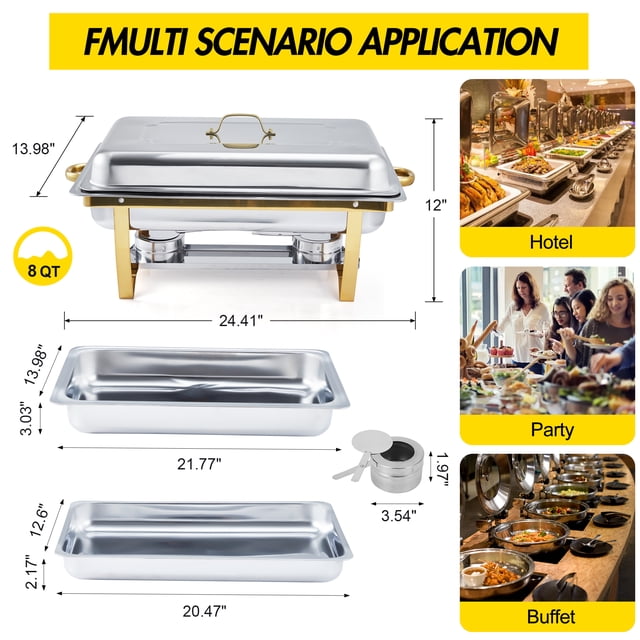 Buffet Chafing Dishes Set of 4 - 8Qt Stainless Steel Rectangular Chafer Warmers with Lids - Food Serving Warmers for Wedding, Banquet, Catering, and Parties