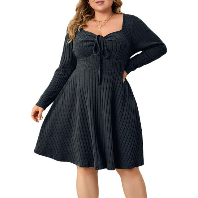 Vestido Casual de Mujer de Talla Grande con Cuello Cuadrado, Larga y Canalé. Gris Oscuro XL