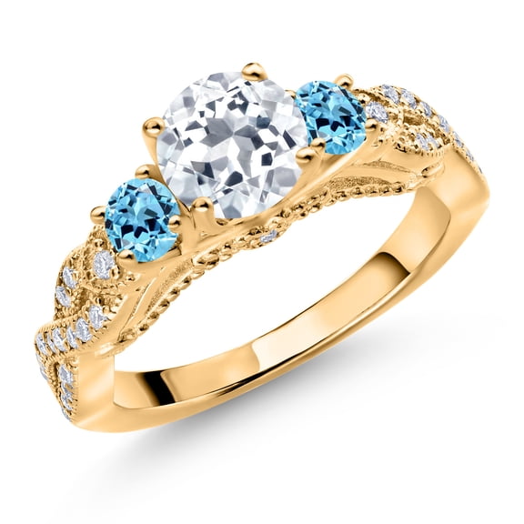 Gem Stone King 18K Yellow Gold Plated Silver White Topaz Swiss Blue Topaz and White Moissanite Engagement Ring for Women (1.47 Cttw, Gemstone November Birthstone, Round 6MM and 3MM, Size 7)