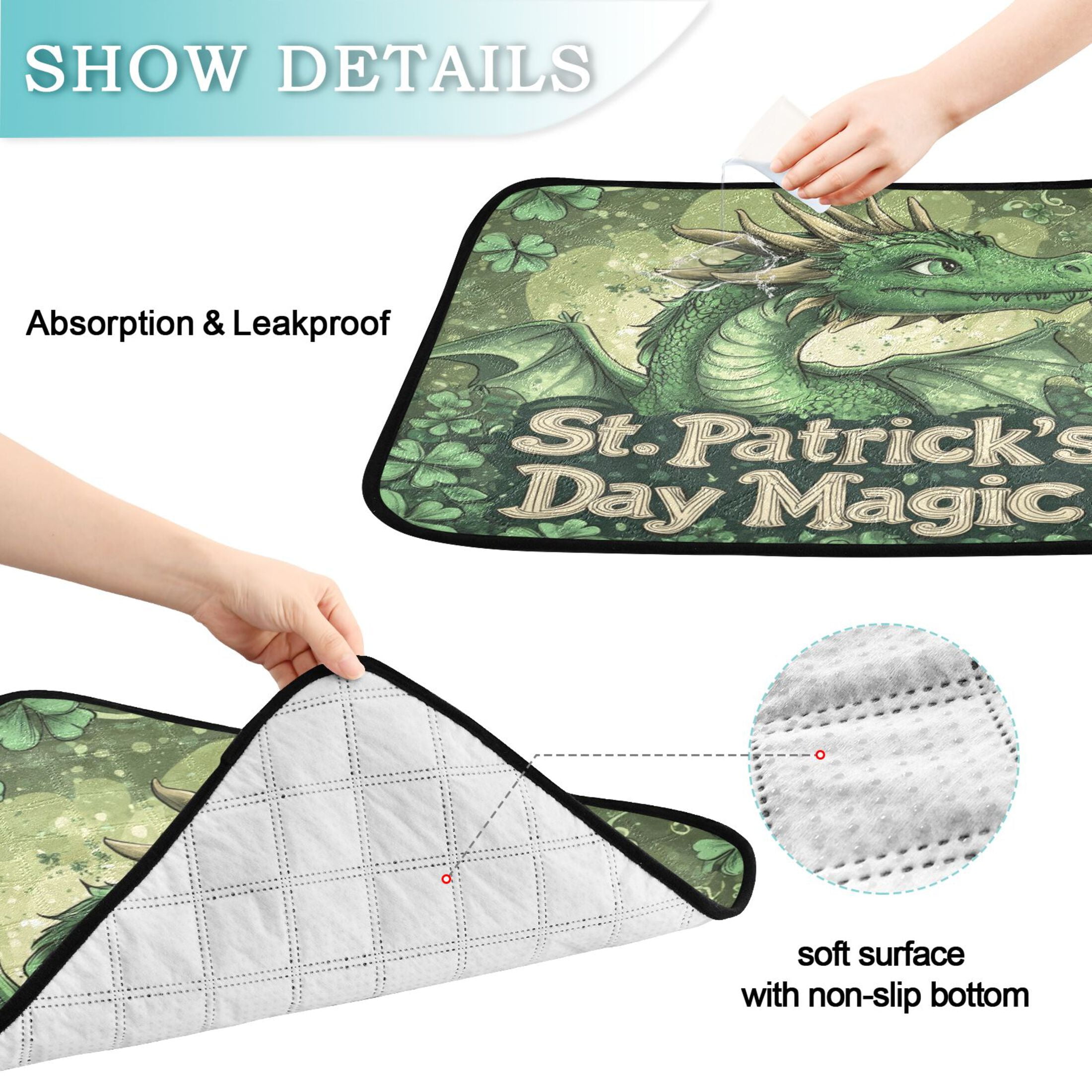 Qxltty Stpatricks Day Anime Dragon Cat litter Pads Pet Set of 3 Diaper Mats Center Anti-leakage Layer Absorbent Soft and Comfortable