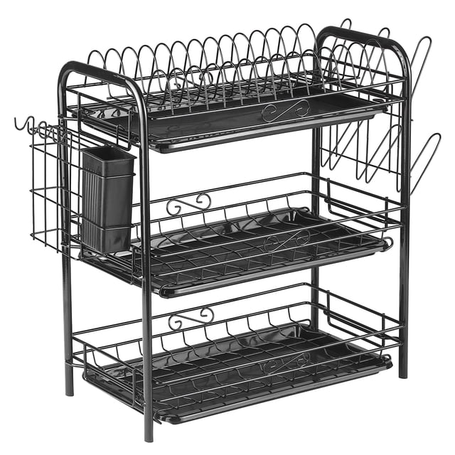 Mistaha 3-Tier Rustproof Dish Drying Rack Carbon Steel Dish Rack Multifunctional Organizer Dish Drainer with Drainboard Hooks Utensil Holder