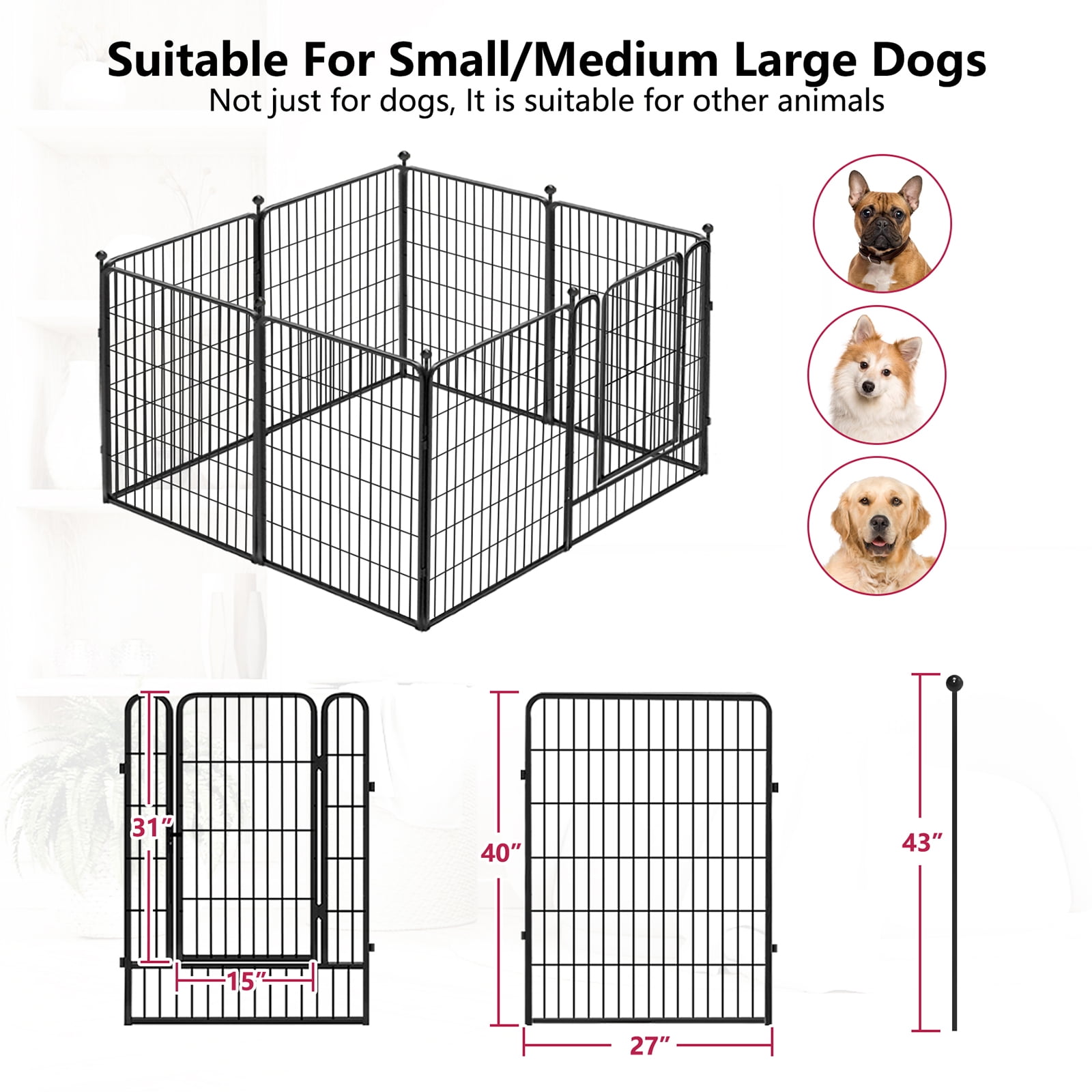 Jhsomdr Dog Playpen Outdoor, 8 Panels 40" Height Metal Dog Fence Puppy Playpen with Doors for Large/Medium/Small Dogs, Indoor Pet Fence Exercise Pen for RV, Camping, Yard