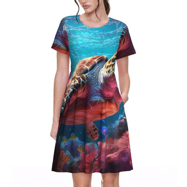 Easygdp Colorful Ocean Sea Turtle para Vestido Transpirable de Mujer, Vestido Suelto de Manga Corta con Pliegues y Bolsillos para el Verano