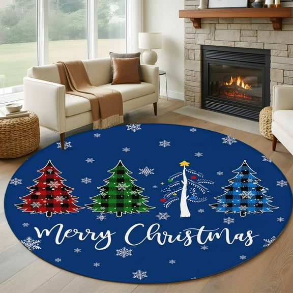 Navy Blue Christmas Round Area Rug 5 FT, Non Slip Bedroom Area Rug, Xmas Tree Winter Snowflake Washable Soft Circular Carpet Non-Shedding Floor Mat for Kitchen Dining Room Foyer Balcony Dorm