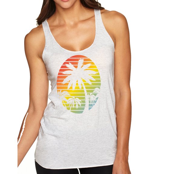Tropical Palm Trees Silhouettes with Sunset | Womens Pop Culture Premium Tri-Blend Racerback Tank Top, Heather White, Small