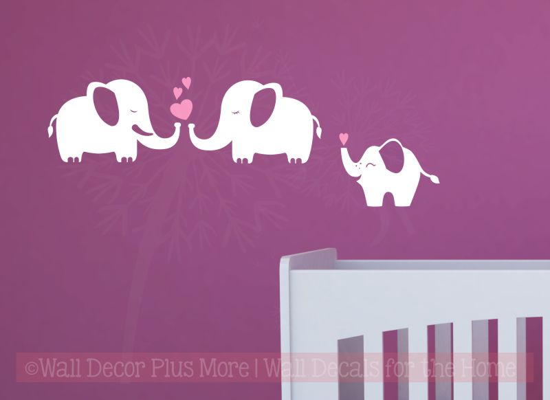 Baby Nursery Wall Decor Sticker Elephant Family Hearts Vinyl Art Decals White/Soft Pink