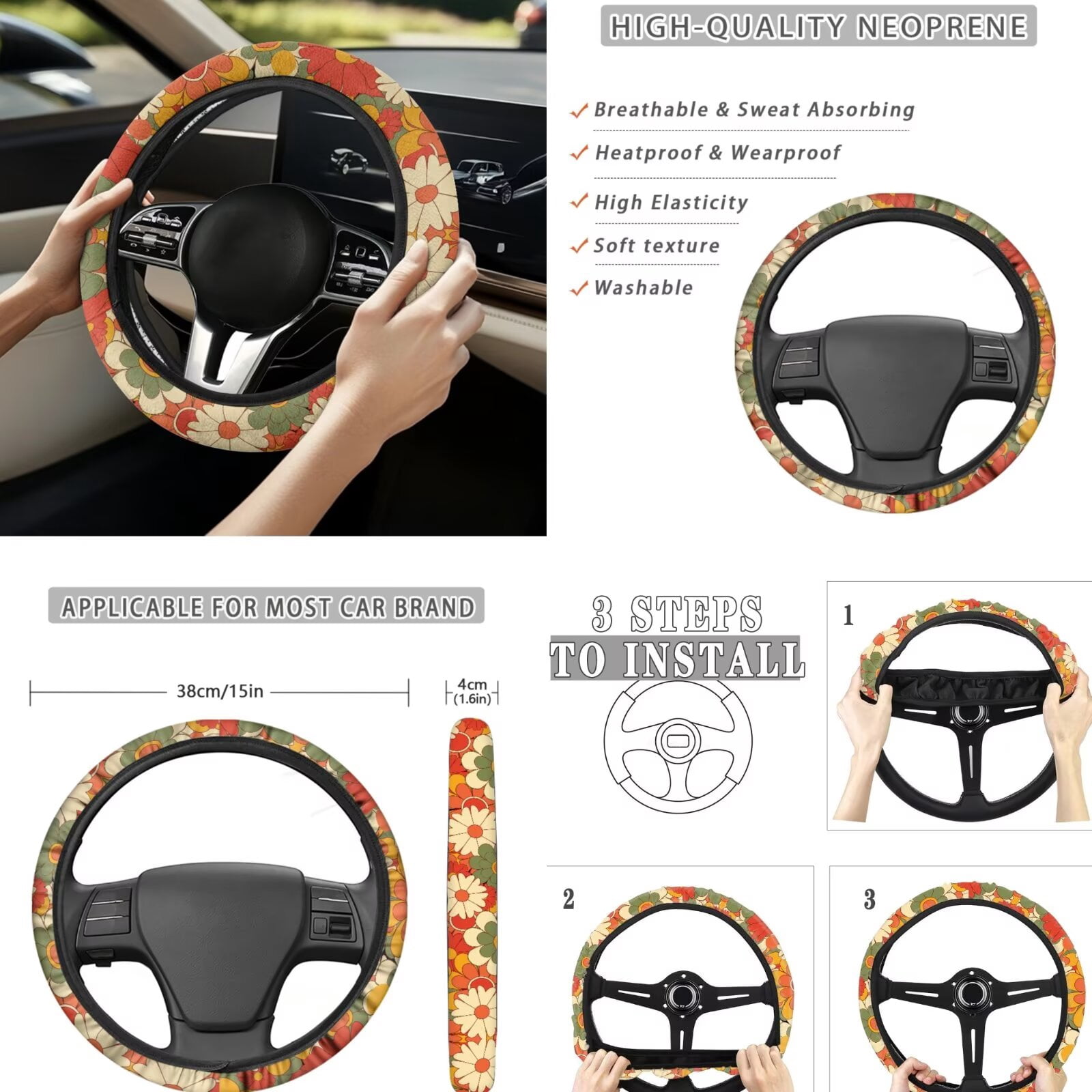 Jeiento 13 PCS Car Seat Cover Set with Steering Wheel Cover Seat Belt Strap Cover Armrest Cover Coaster Keychain Abstract Hippie Flower Automobile Interior Sets Decor Easy to Install