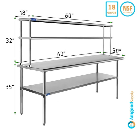 AmGood 30" x 60" Stainless Steel Work Table With 18" Wide Double Tier Overshelf | Metal Kitchen Prep Table & Shelving Combo