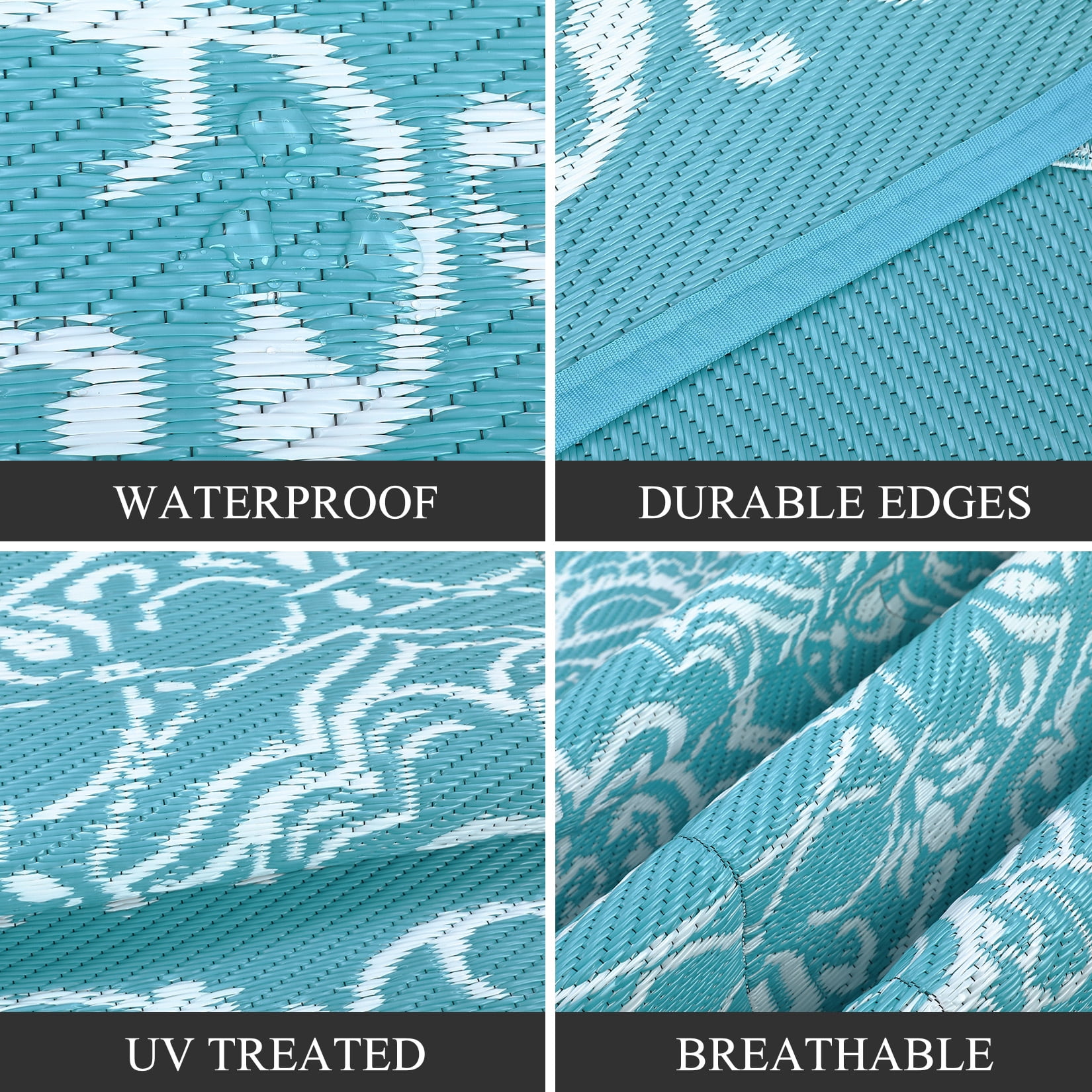 GlowSol 9x12 Outdoor Rug Waterproof Carpet Patio Rug Indoor Outdoor Area Rug Reversible Rug for Picnic Beach Deck-Outdoor, Light Blue/White