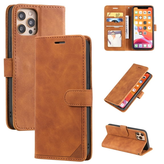 Wallet Case For iPhone 13 Pro, Card Pocket Rfid Blocking Magnetic Buckle Synthetic Leather Folio[Hidden Kickstand] All-Round Shockproof Anti-Scratch Full Coverage Phone Case, Brown