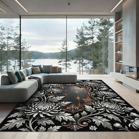 ODIKA 4' x 6' Machine Washable Non-Slip Area Rug, antique floral High Traffic Rug, Black, 1248979