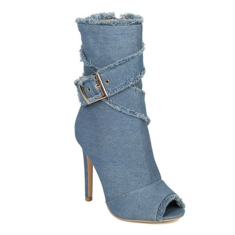 Denim peep toe ankle boots hotsell