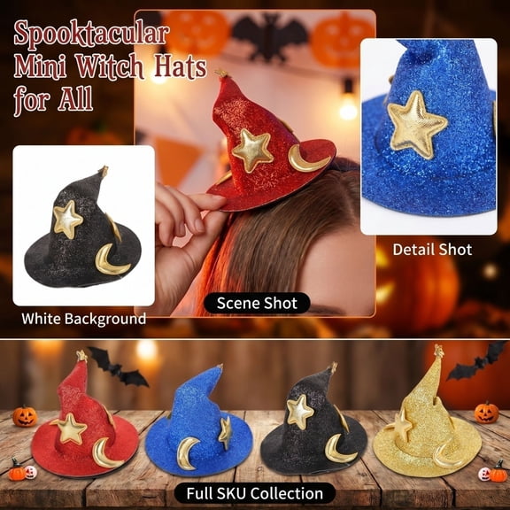 Halloween Party Accessory, Witch Hat, Party Hat, Halloween Witch Decor, Halloween Party Favors, Black Curved Tip Witch Hat Clip, 3X2.5 Inch Small Glitter Pointed Wizard Pin for