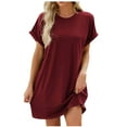 thumbnail image 4 of Arnsht Womens Summer Dresses Solid Color Casual Loose T-Shirt Short Sleeve Round Neck Flowy Sundresses with Pockets Wine S, 4 of 5