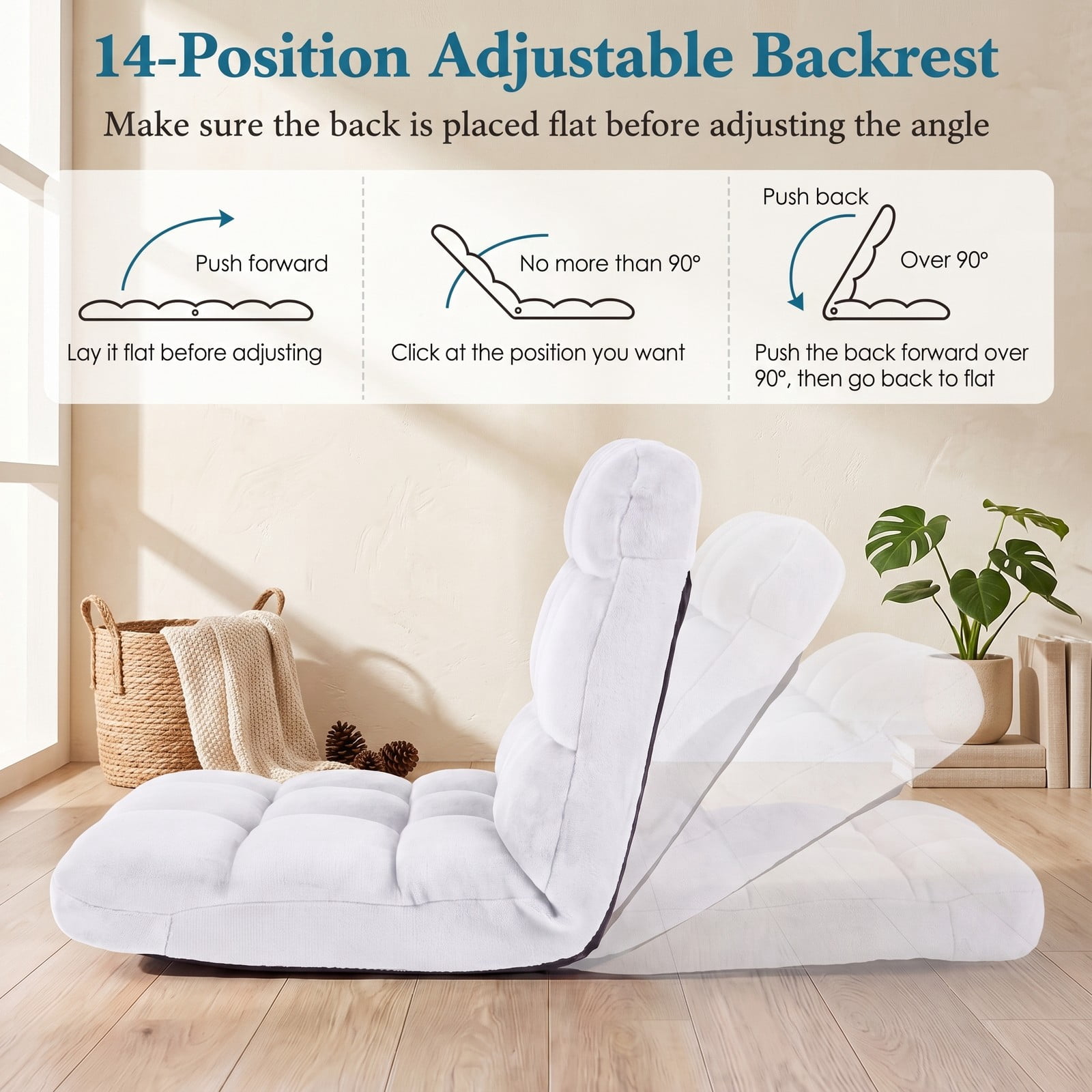 Furnibear 14-Position Adjustable Cushioned Floor Chair, Padded Folding Lazy Sofa Gaming Chair with Steel Frame Back Support for Living Room Bedroom Reading, White
