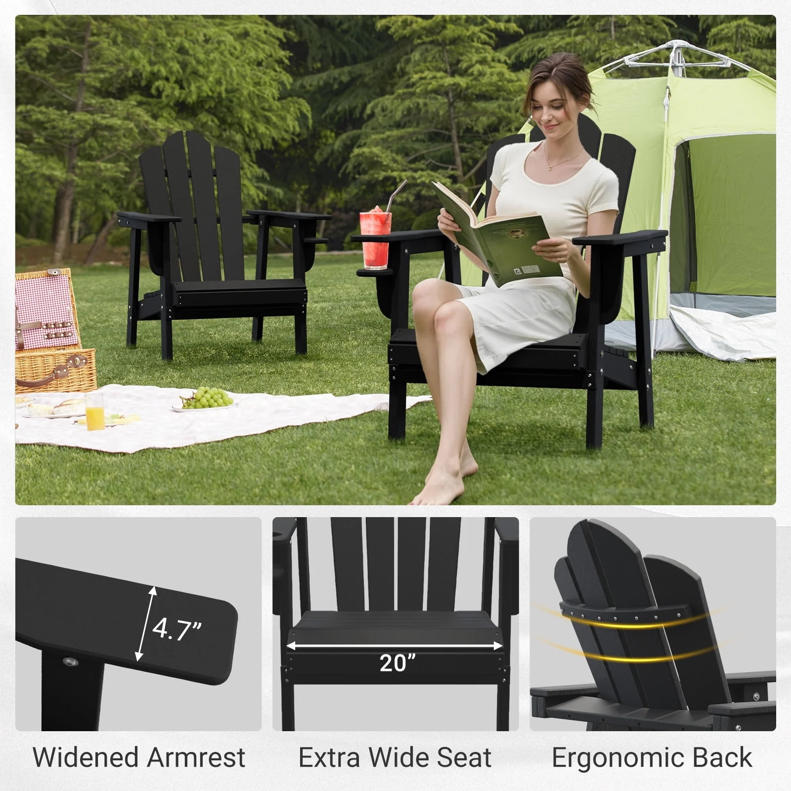 Tappio HDPE Adirondack Chair, Patio Seat All Weather Outdoor Patio Chair with Cup Holder for Lawn Yard Fire Pit, Black