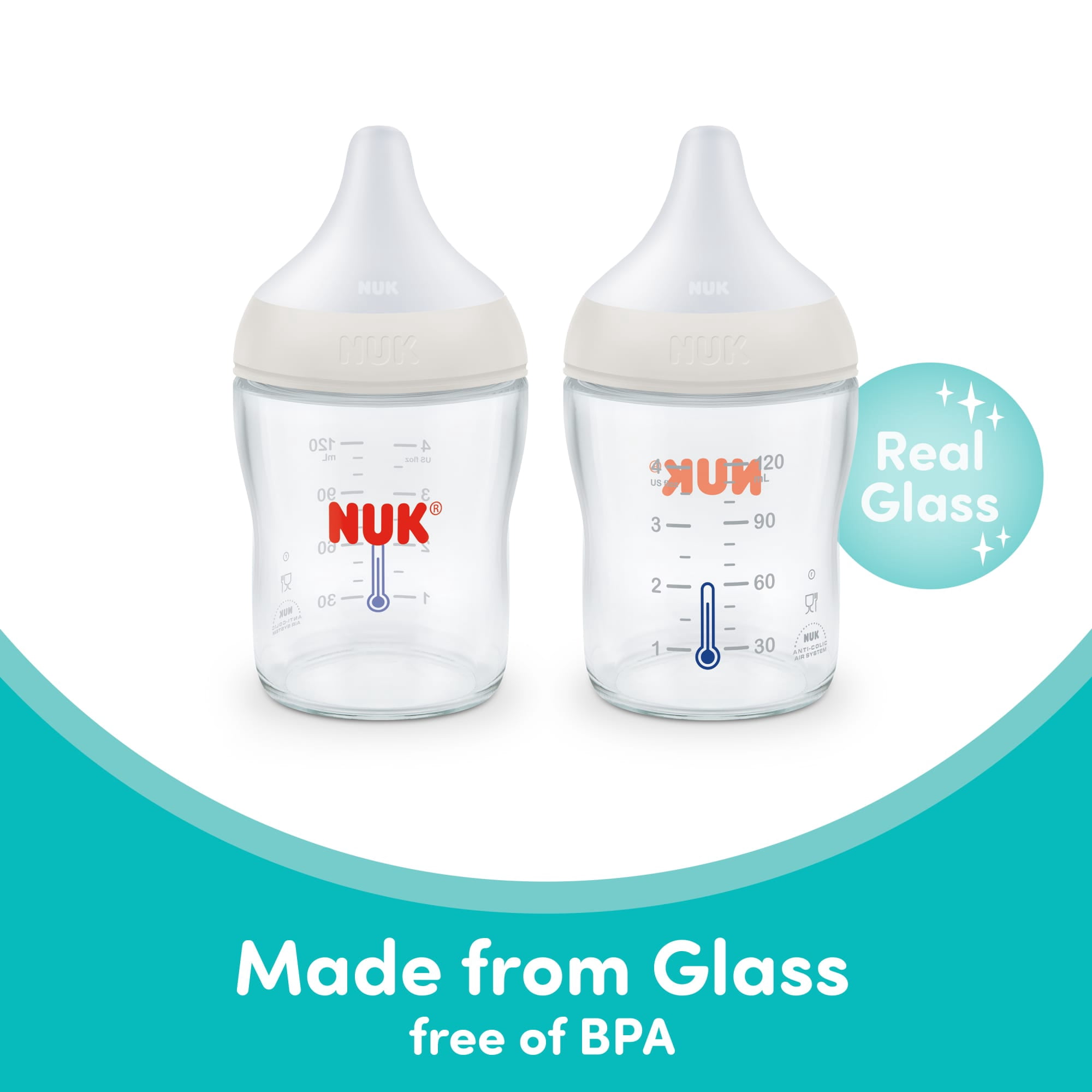 NUK Perfect Match Anti-Colic Glass Baby Bottle, Slow Flow Silicone Nipple, 4 oz, 2 Pack