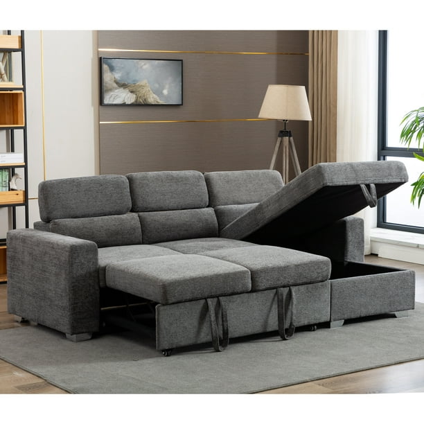 Modern Mid Century Pullout Sectional, Pull Out Storage Sectional Sleeper Sofa