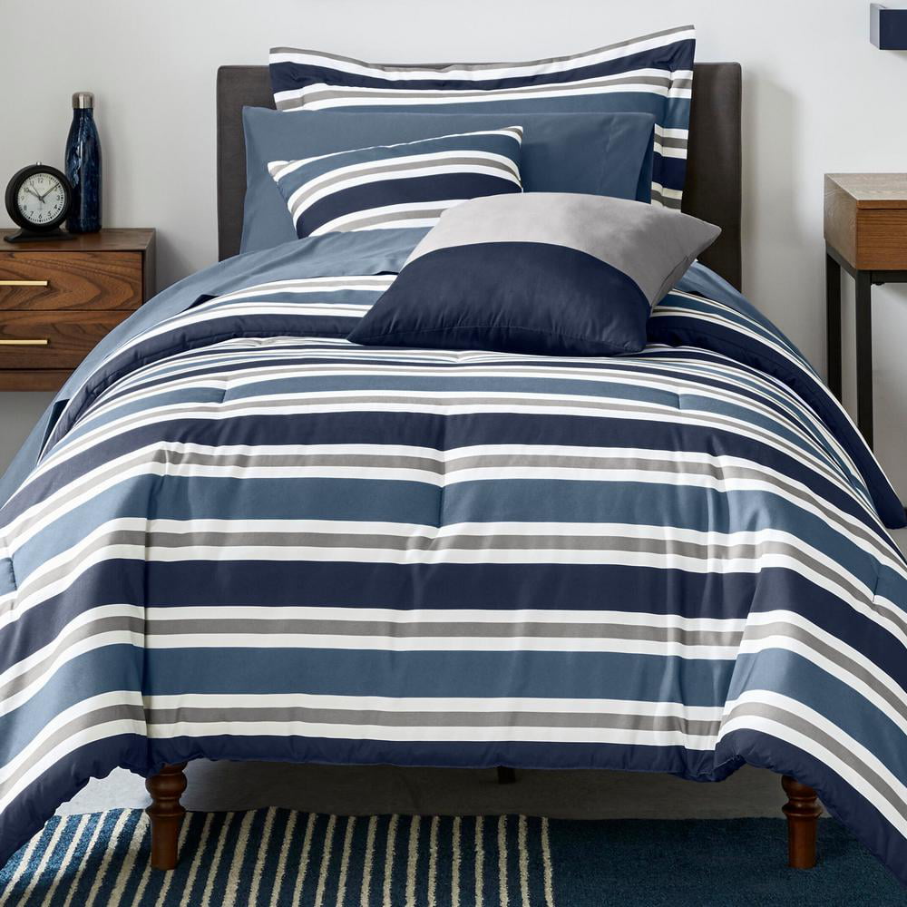 Navy Blue Gray Geo Squares Stripe 8pc Comforter Set Twin Full Queen King Bedding 