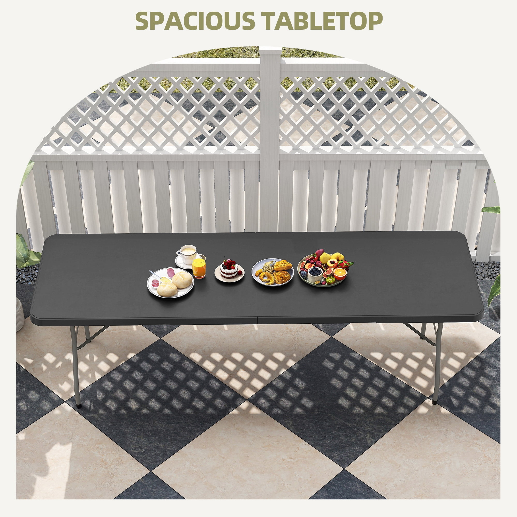 Uforic 8ft Folding Table, Heavy Duty Half-Fold Plastic Table with Carry Handle, Portable Foldable Table for Camping, Picnic, Party, Indoor and Outdoor Events, Black