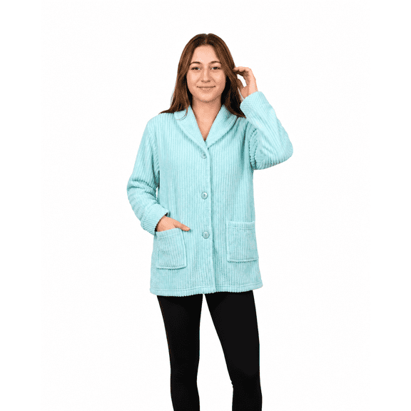 Women's Plush Fleece Bed Jacket Soft Button Front House Coat with Pockets, Long Sleeve Shawl Collar