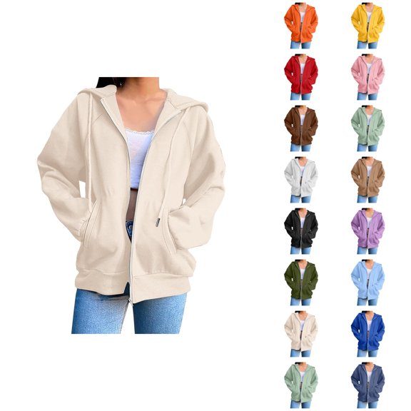 Plain Hoodie for Women with Pockets Long Sleeve Basic Zip Up Sweatshirt Hoodie Coat Outerwear