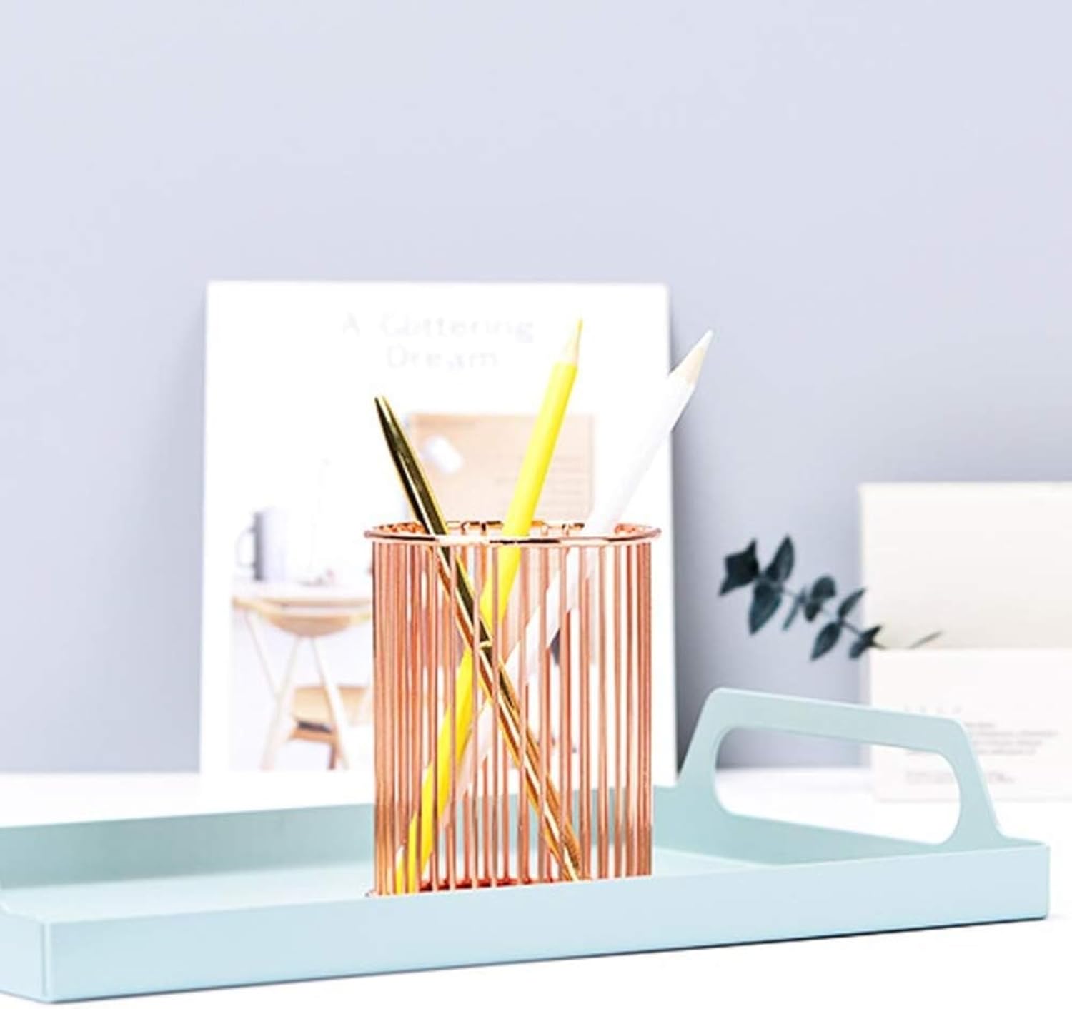 ABPETE Pencil Cup,Pen Holder, Wire Metal Pencil Holder, Decorative Desk Storage Organizer Container for Stationery and Desk Accessories (Rose Gold 1,2-PACK)