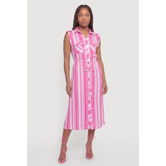 Women's Striped Sleeveless Midi Shirt Dress