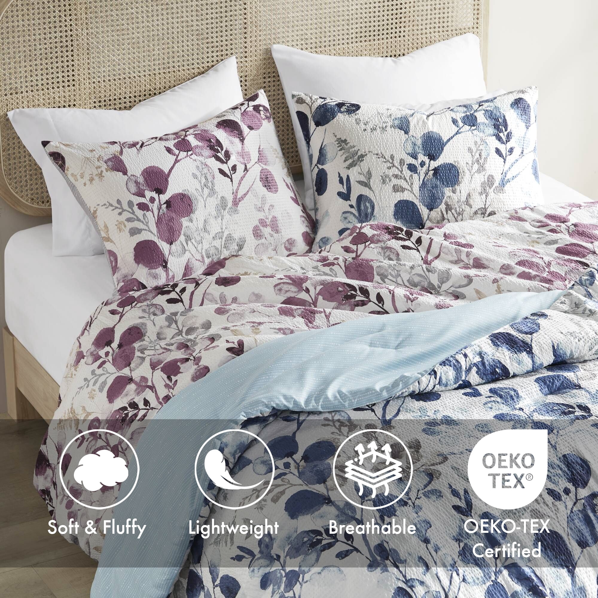 Regency Heights King/Cal King Reversible Seersucker Floral Bedding Comforter Sets 3 Piece Lightweight Navy/Blue Botanical Flowers Bedding Sets with Pillow Shams