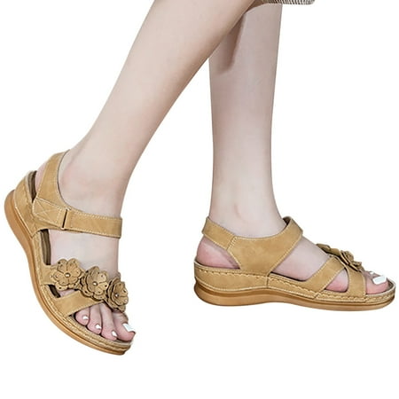 Oyedens Comfort Sandals Flower Leather Ankle Strap Wedge Sandals Comfortable Mid Heels Work Walking Sandals Beach Shoes