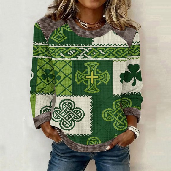 Uootdi Womens Tops Shamrock Print Waffle Knit Raglan Sleeve Tops Relaxed Fit Everyday Casual Sweatshirts Gift